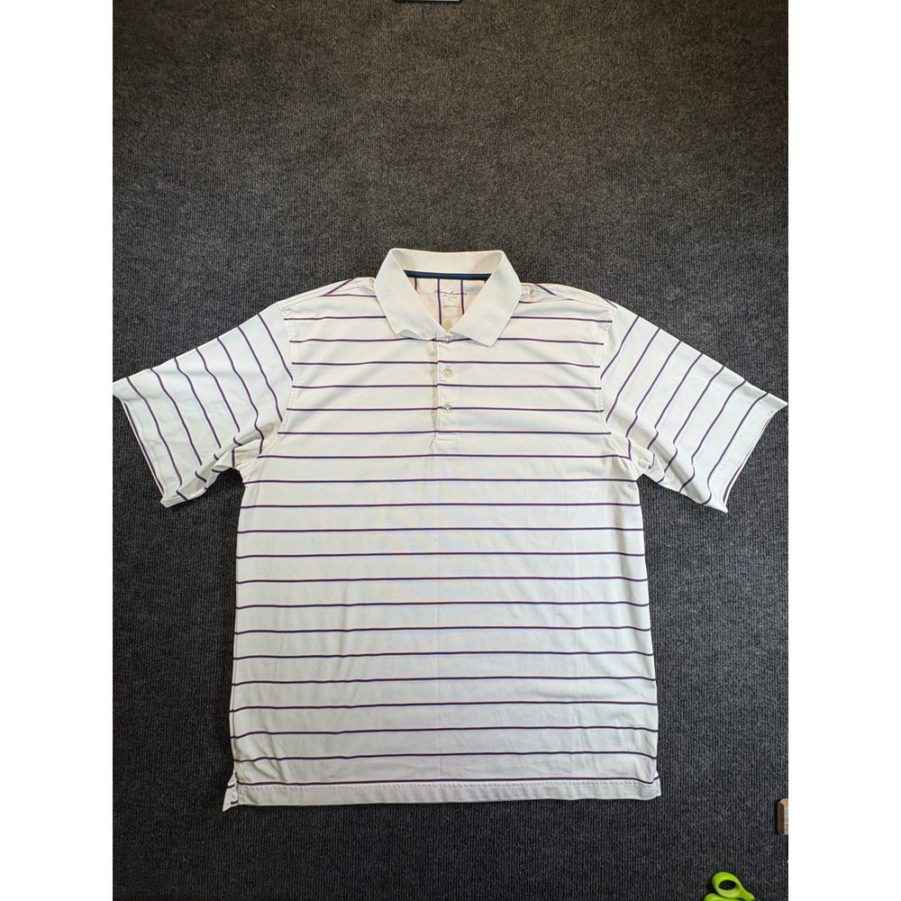 Tommy Armour Mens Large White Purple Striped Dri-Loop Golf Polo Shirt 1014